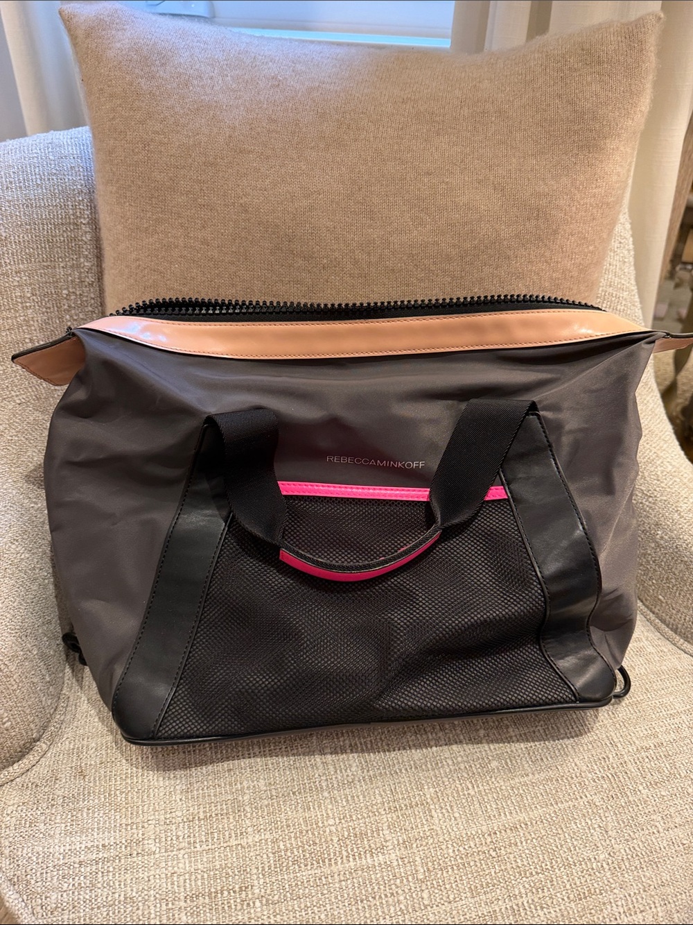 Rebecca Minkoff Gray Duffel with Pink Trim and Tan Zip Accent
